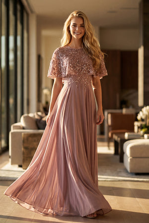Juliet JTM21L beaded two-piece mother of the bride dress front view with beaded flutter-sleeve overlay