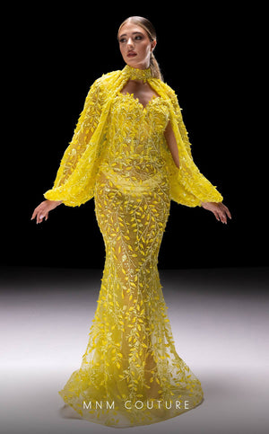 MNM Couture K4231 high-neck bishop sleeve embellished trumpet gown front view