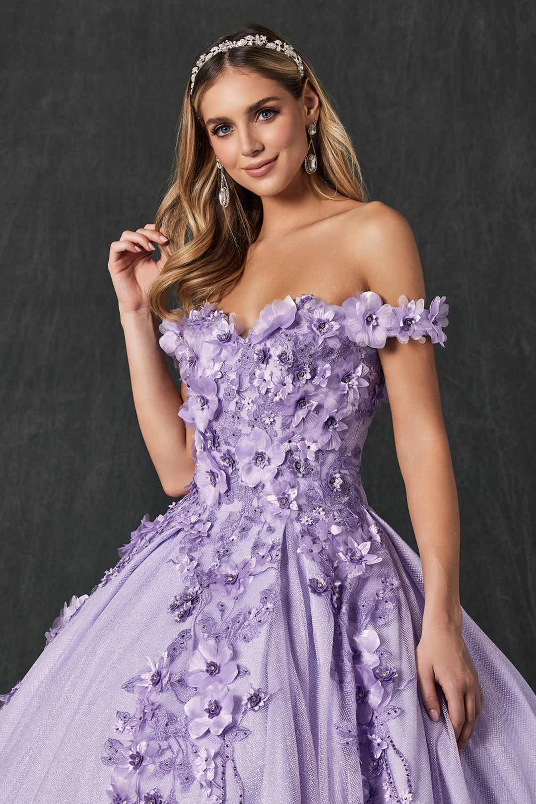 Juliet 1433 off-shoulder floral applique sweetheart ball gown quinceanera dress detail view