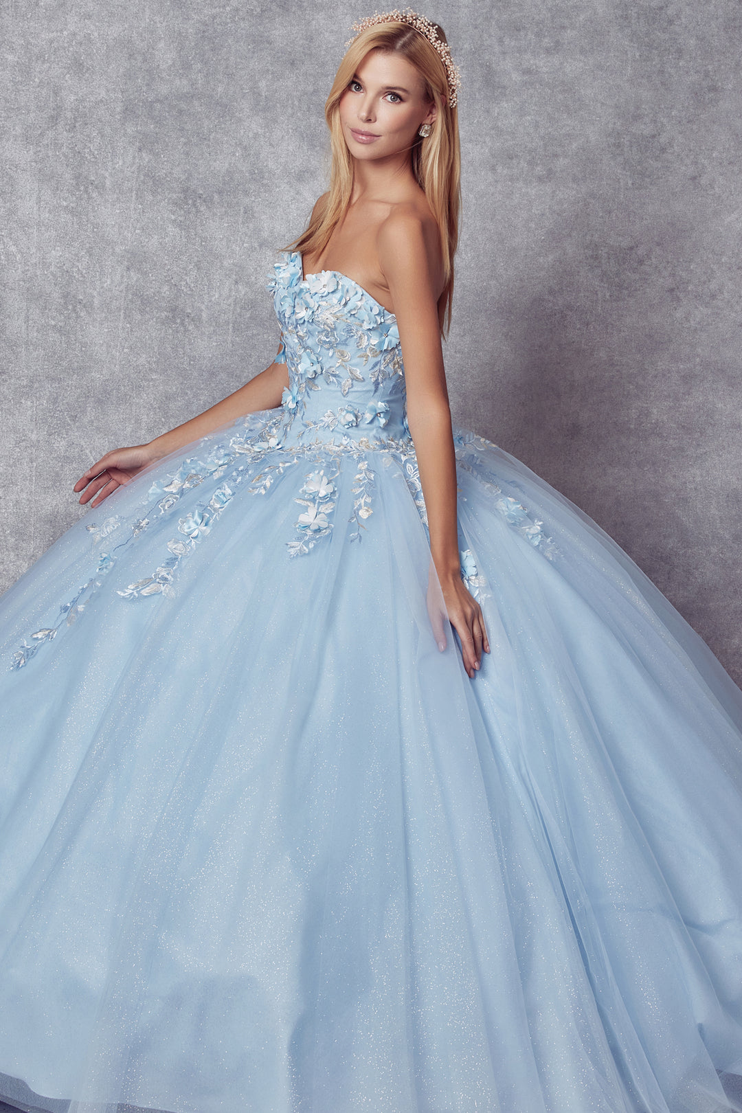 Juliet 1435 strapless quinceanera dress side view, option 3
