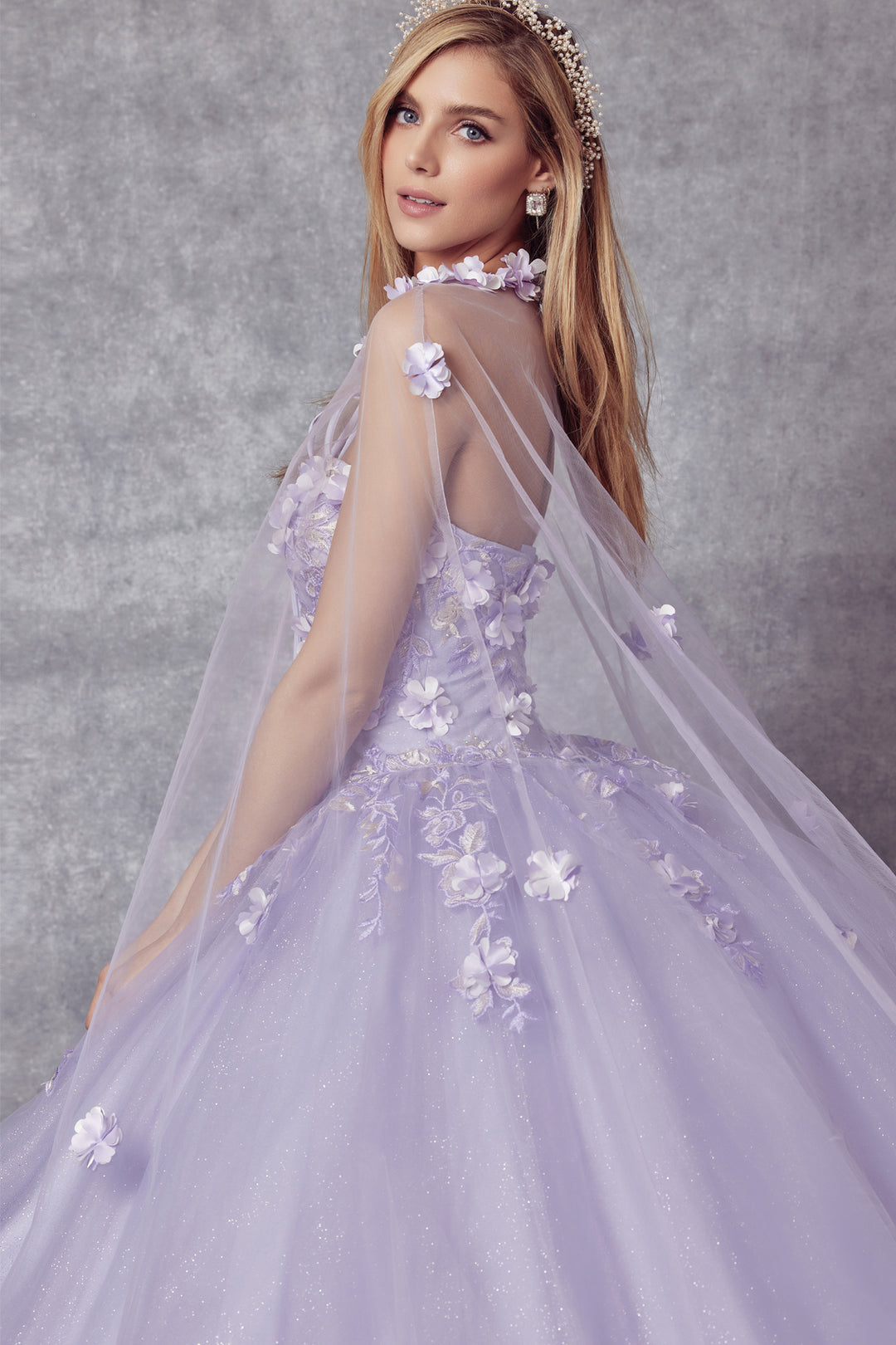 Juliet 1435 quinceanera dress back three-quarter view with sheer cape