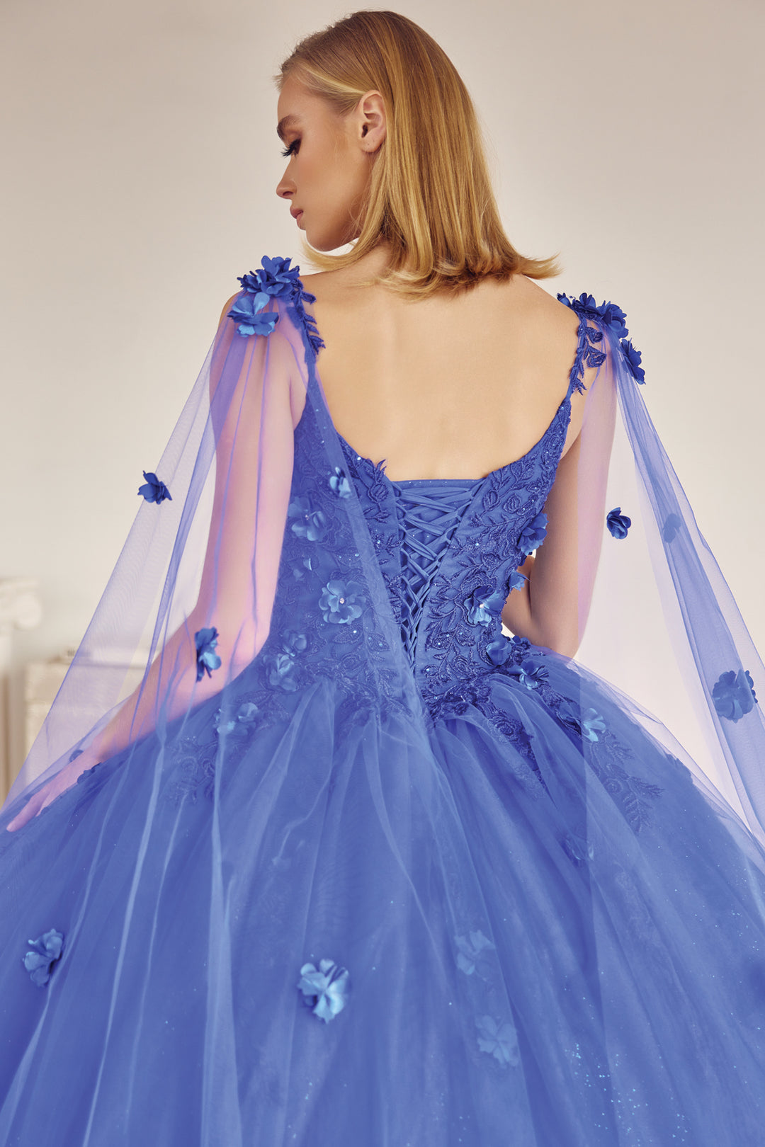 Juliet 1436 attached cape 3D floral applique ball gown quinceanera dress detail view, option 2