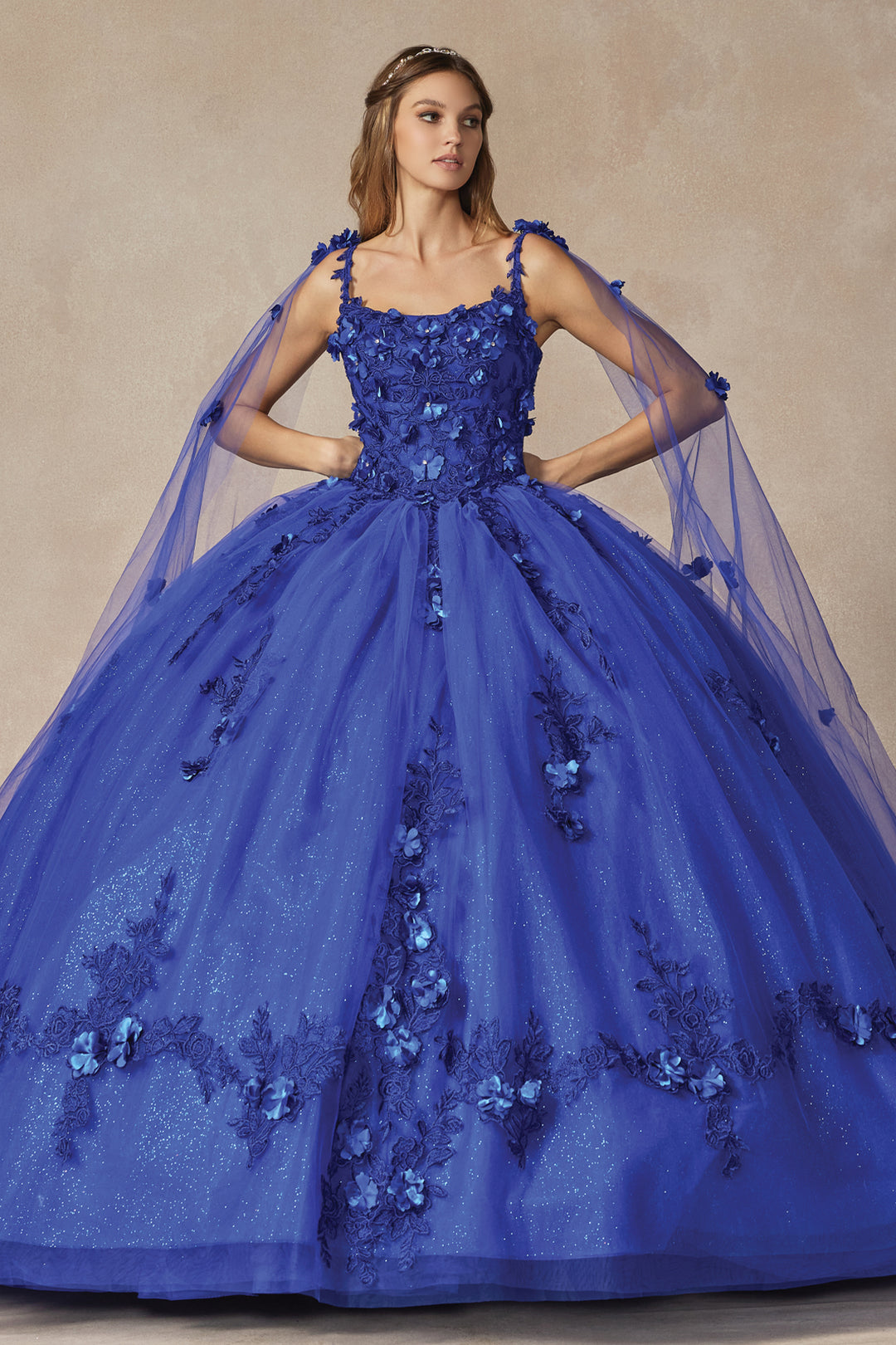 Juliet 1436 attached cape 3D floral applique ball gown quinceanera dress front view