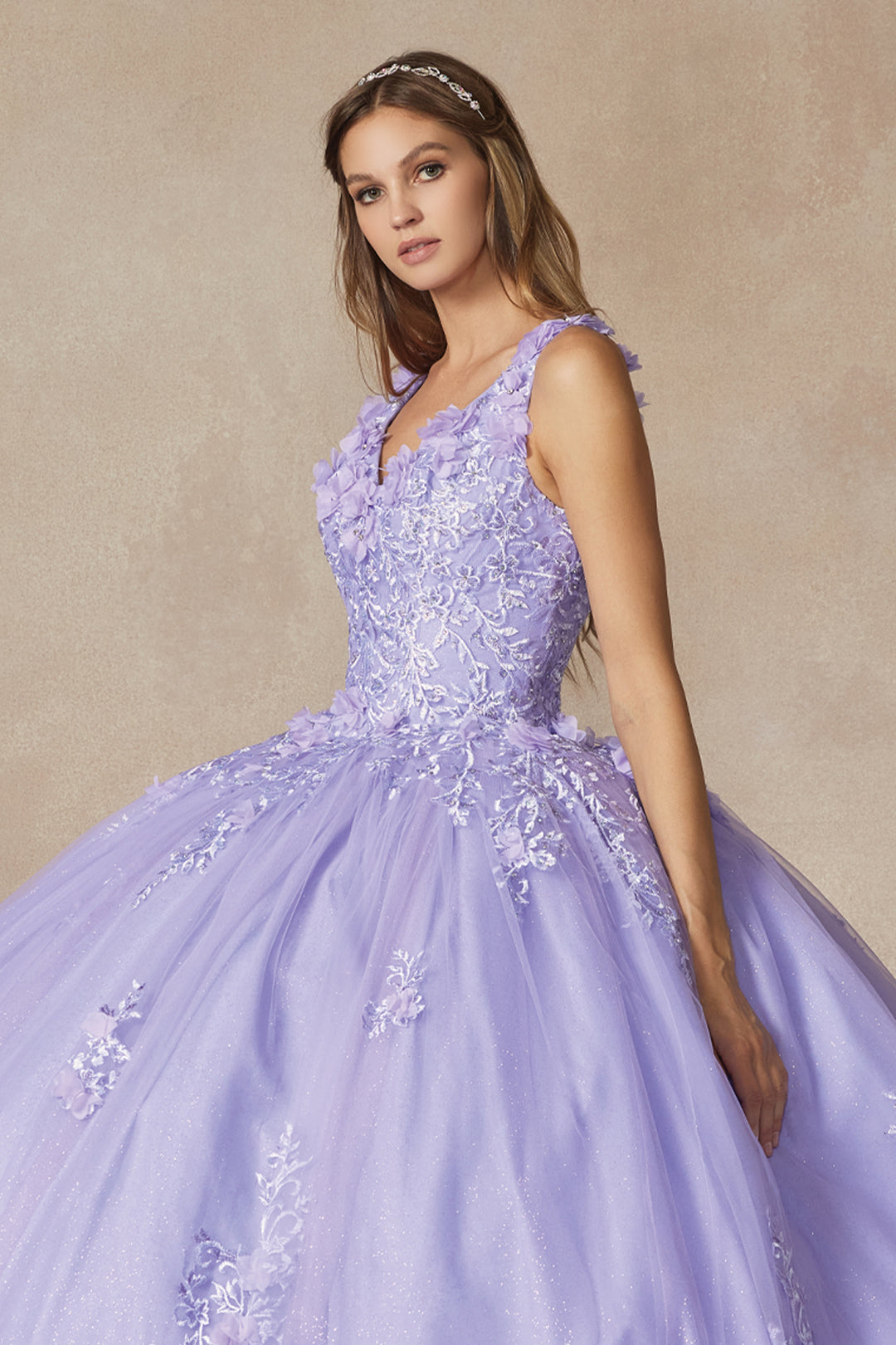 Juliet 1437 quinceanera ball gown front view, detail