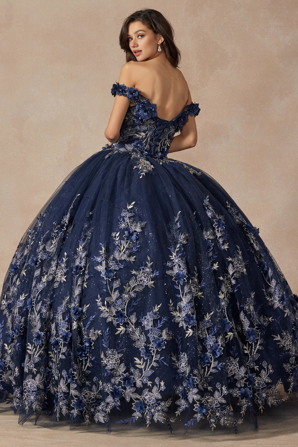 Juliet 1447 off-shoulder floral appliqué quinceanera dress back view