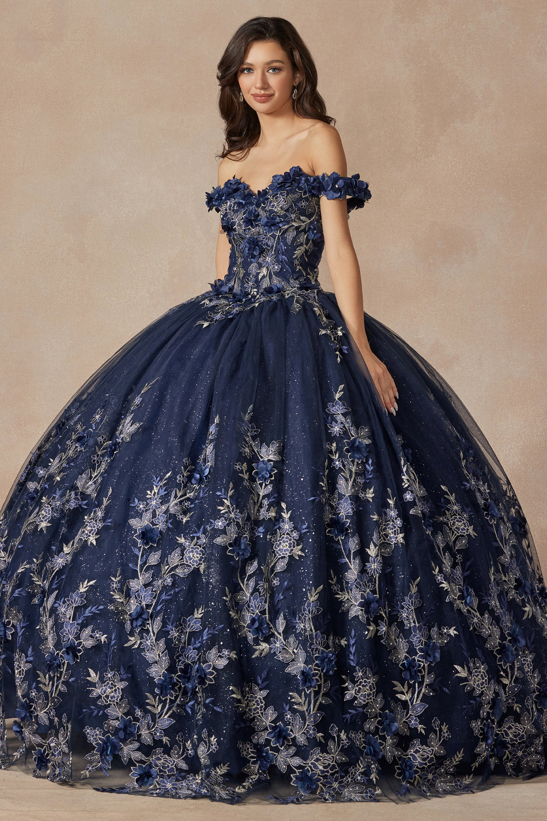 Juliet 1447 off-shoulder floral appliqué quinceanera dress front view, option 2