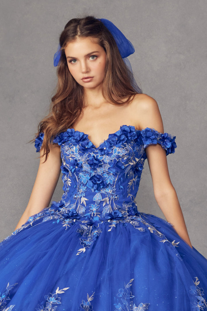 Juliet 1447 off-shoulder floral appliqué quinceanera dress bodice detail view