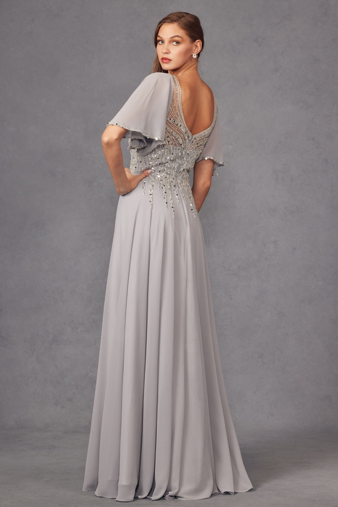 Juliet JTM14F mother of the bride dress back three-quarter view, option 2