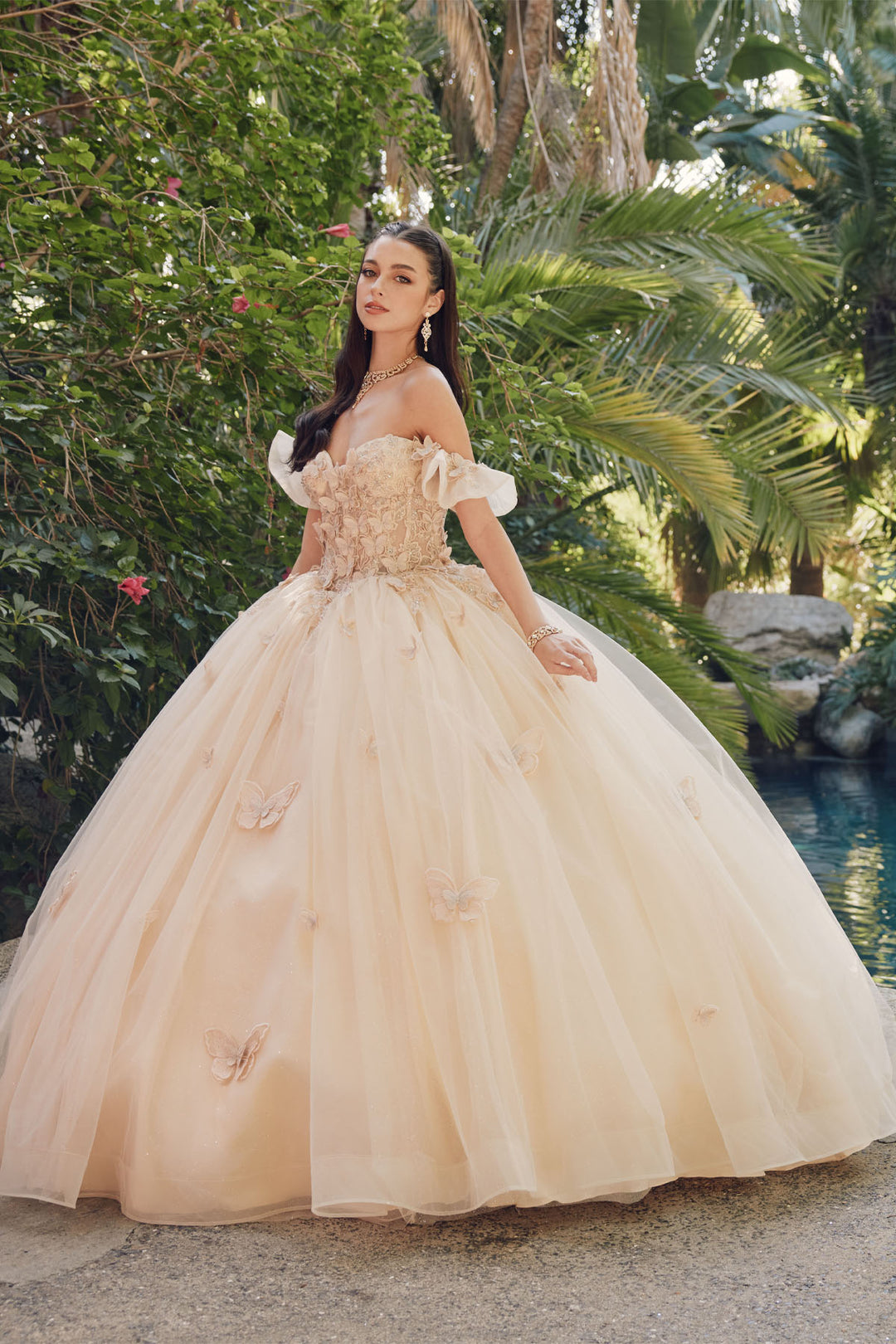 Juliet JT1448J off-shoulder butterfly appliqué ball gown quinceanera dress front view, option 2