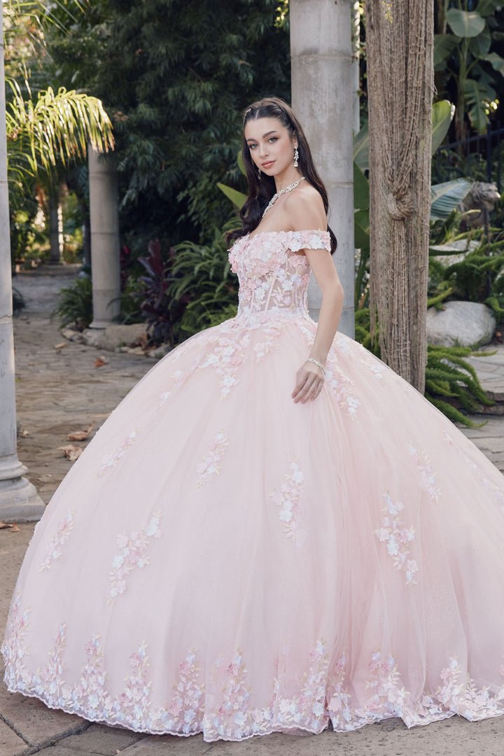 Juliet JT1460J off-shoulder floral appliqué quinceanera ball gown front view, option 2