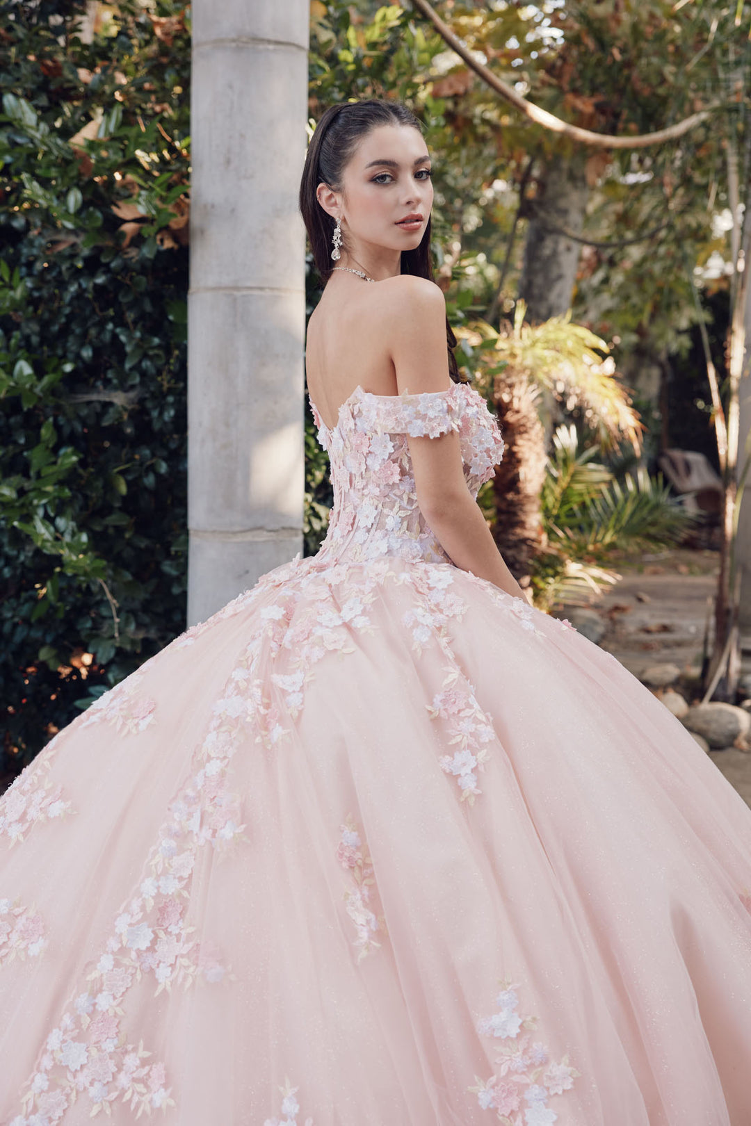 Juliet JT1460J off-shoulder floral appliqué quinceanera ball gown back three-quarter view