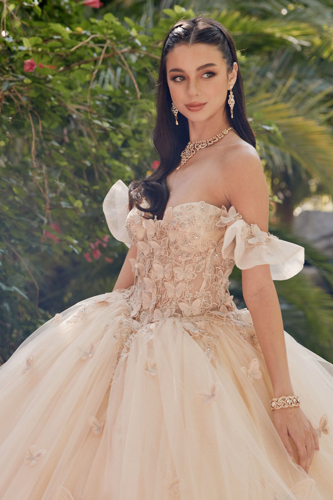 Juliet JT1448J butterfly appliqué bodice and ruffled off-shoulder cuff detail view, option 2