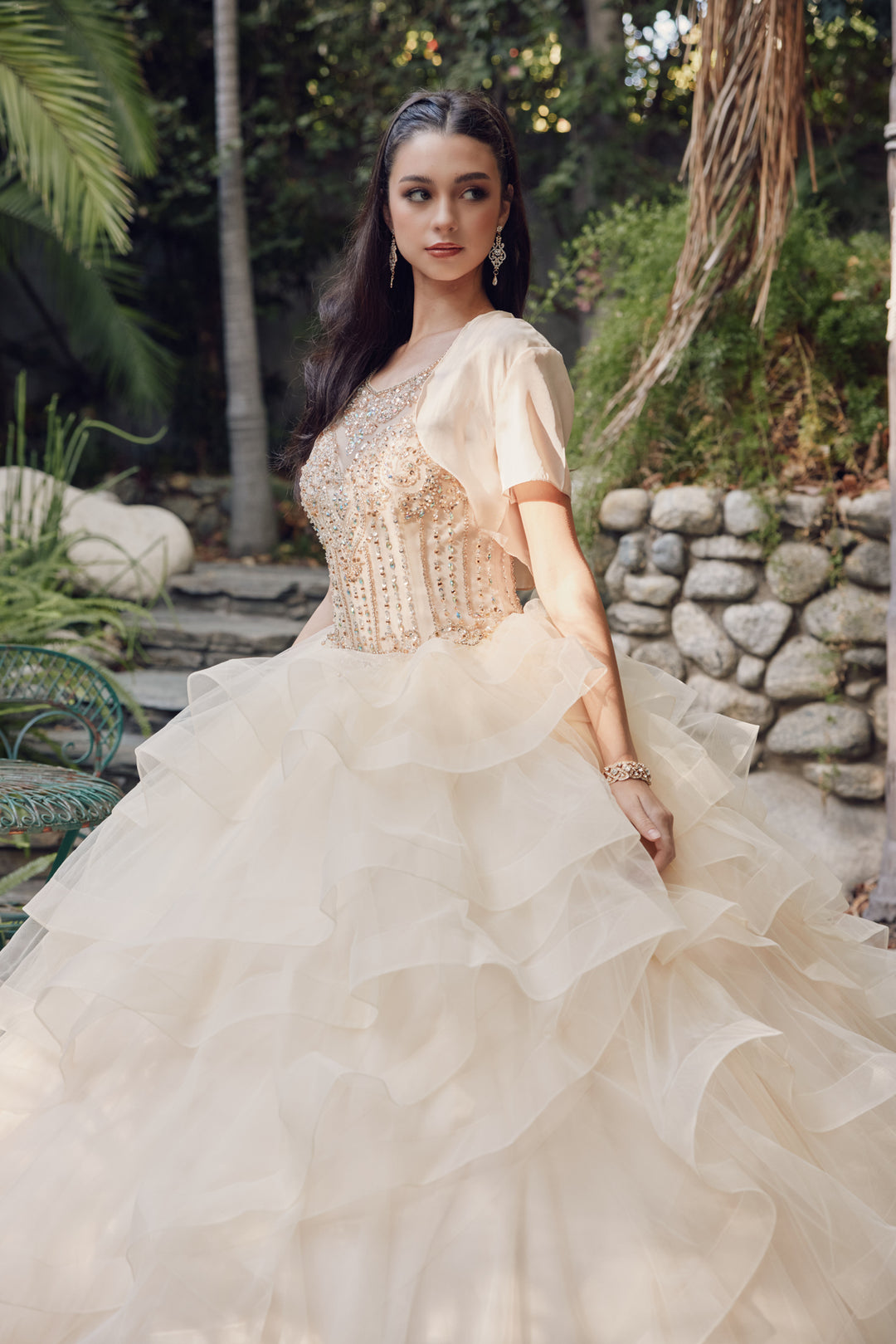 Juliet 1423 quinceanera ball gown front view with bolero, option 2
