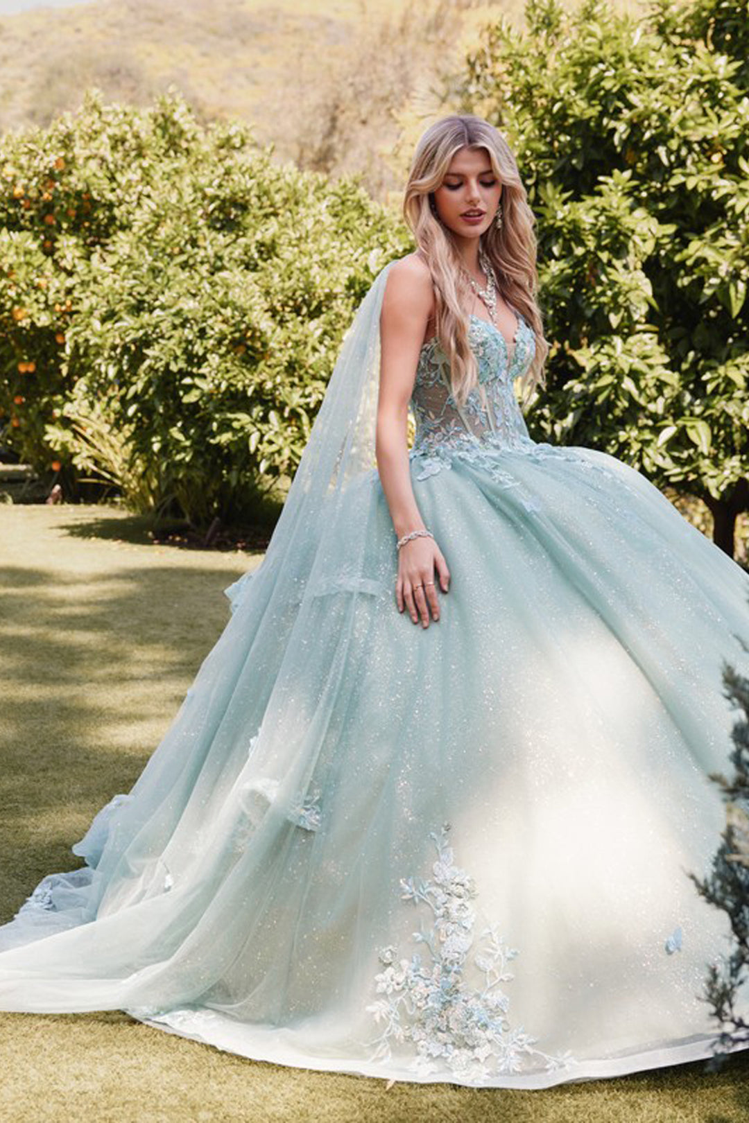 Juliet JT1466H ball gown view with cape sleeves and train