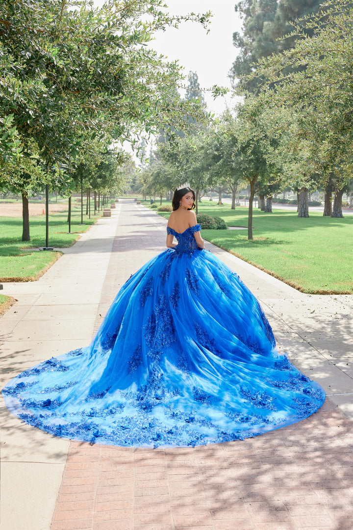 Juliet JT1505J off-shoulder embroidered ball gown quinceanera dress back view with sweeping train