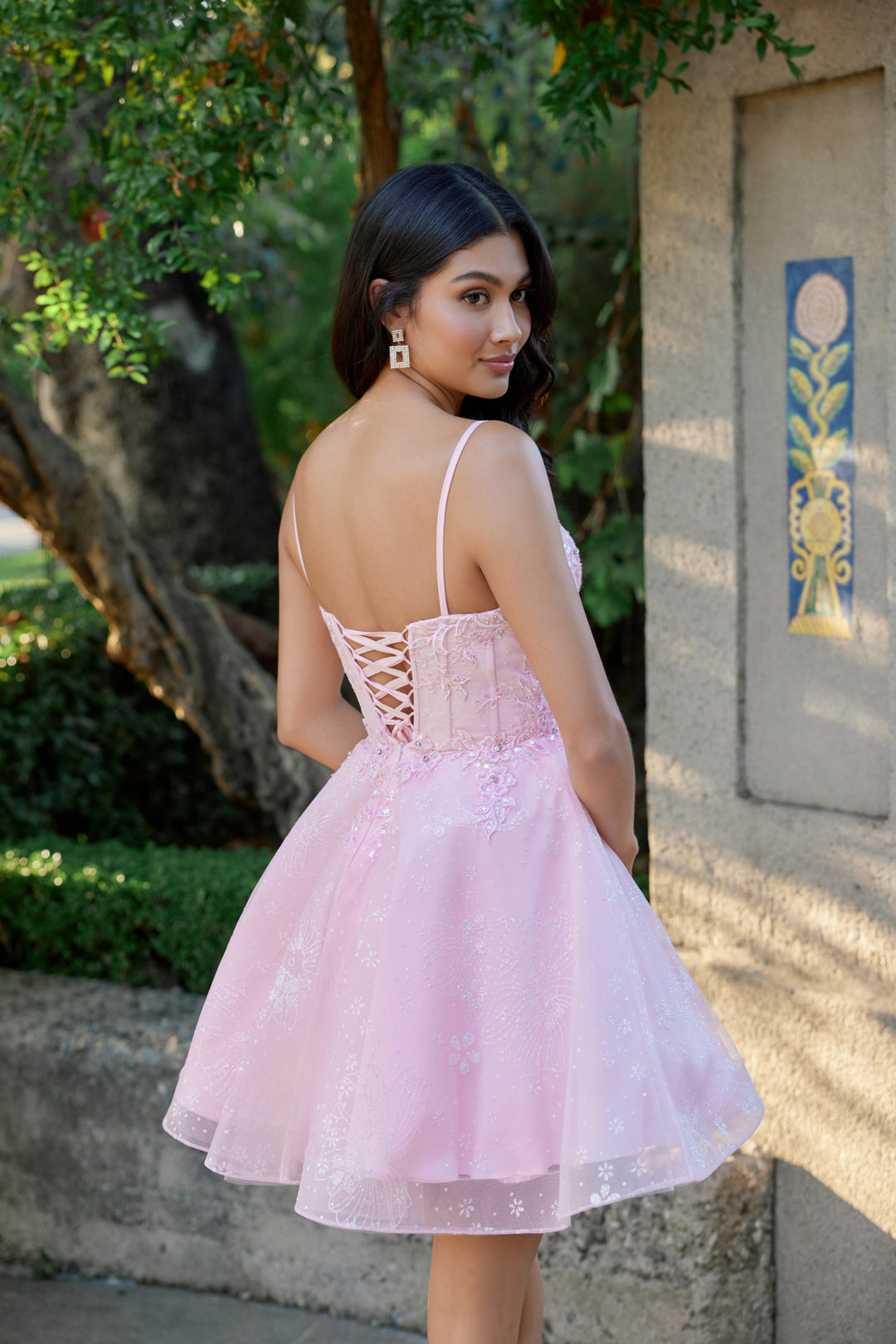 Juliet JT985L homecoming dress back view with lace-up detail