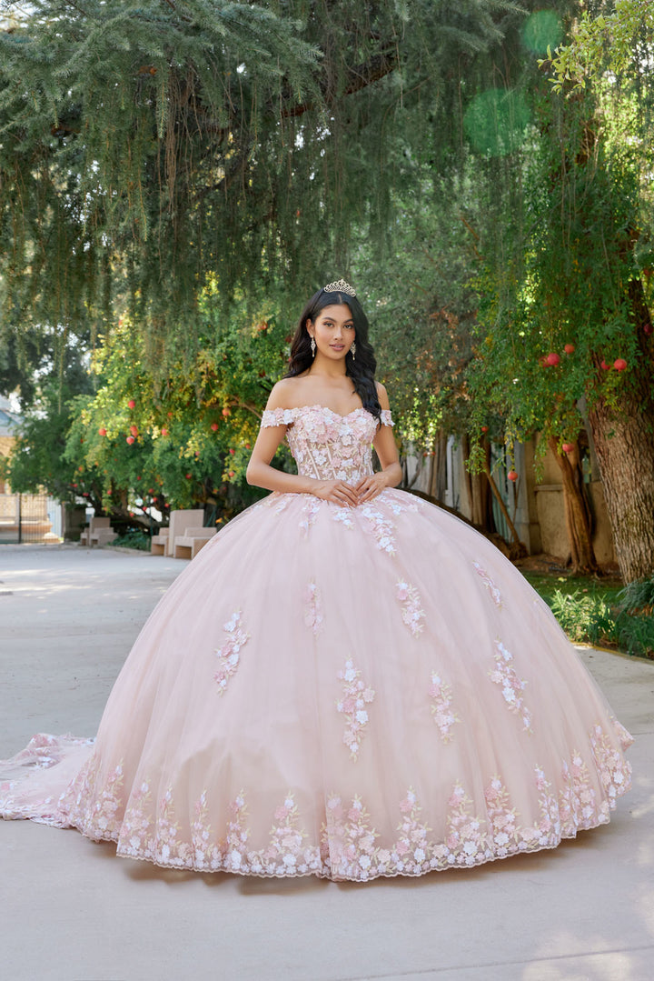 Juliet JT1460J off-shoulder floral appliqué quinceanera ball gown front view, option 4