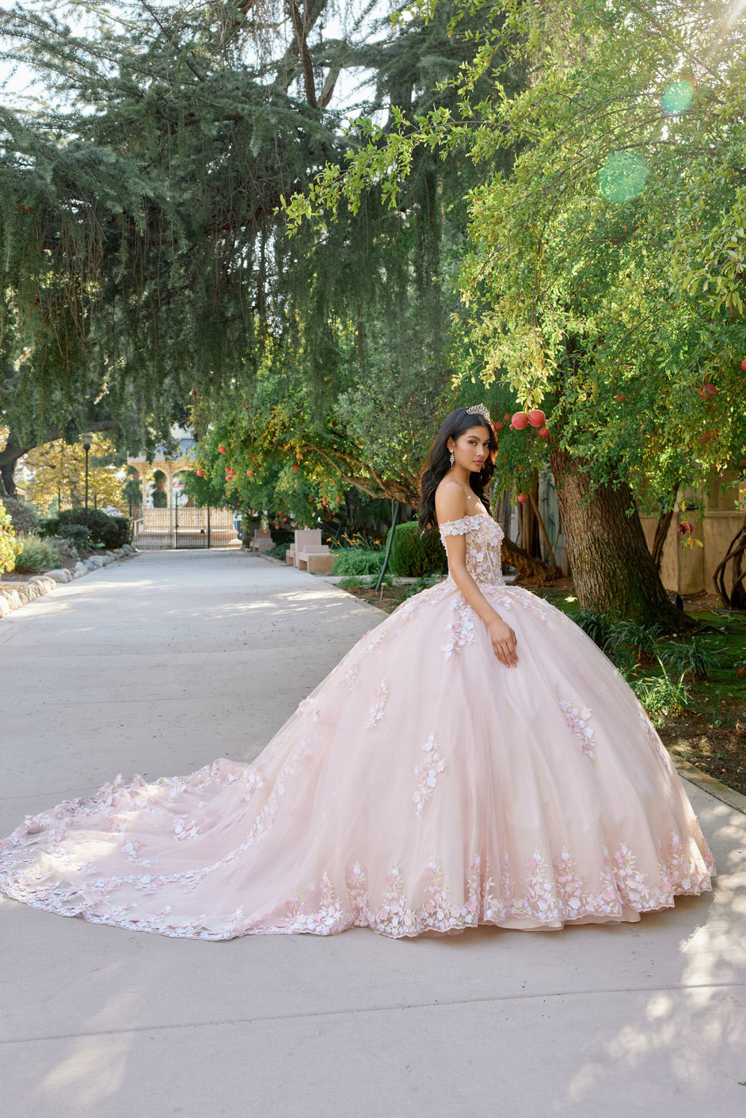 Juliet JT1460J off-shoulder floral appliqué quinceanera ball gown side view with train, option 2