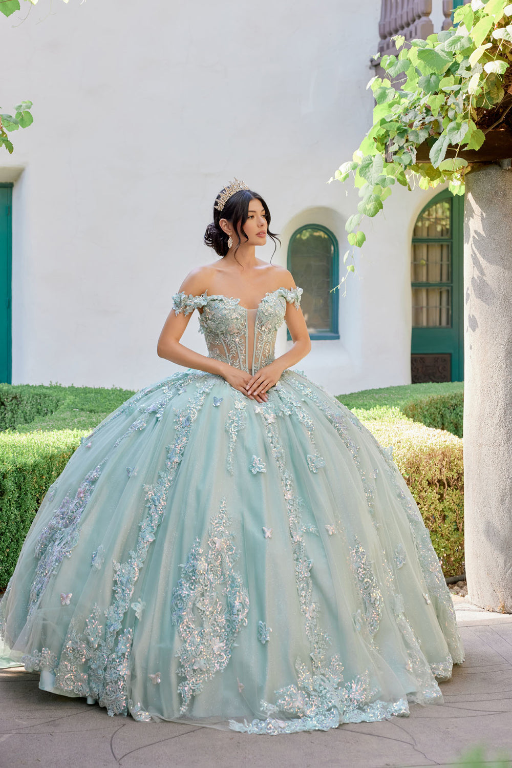Juliet JT1485J off-shoulder ball gown quinceanera dress front view, option 2