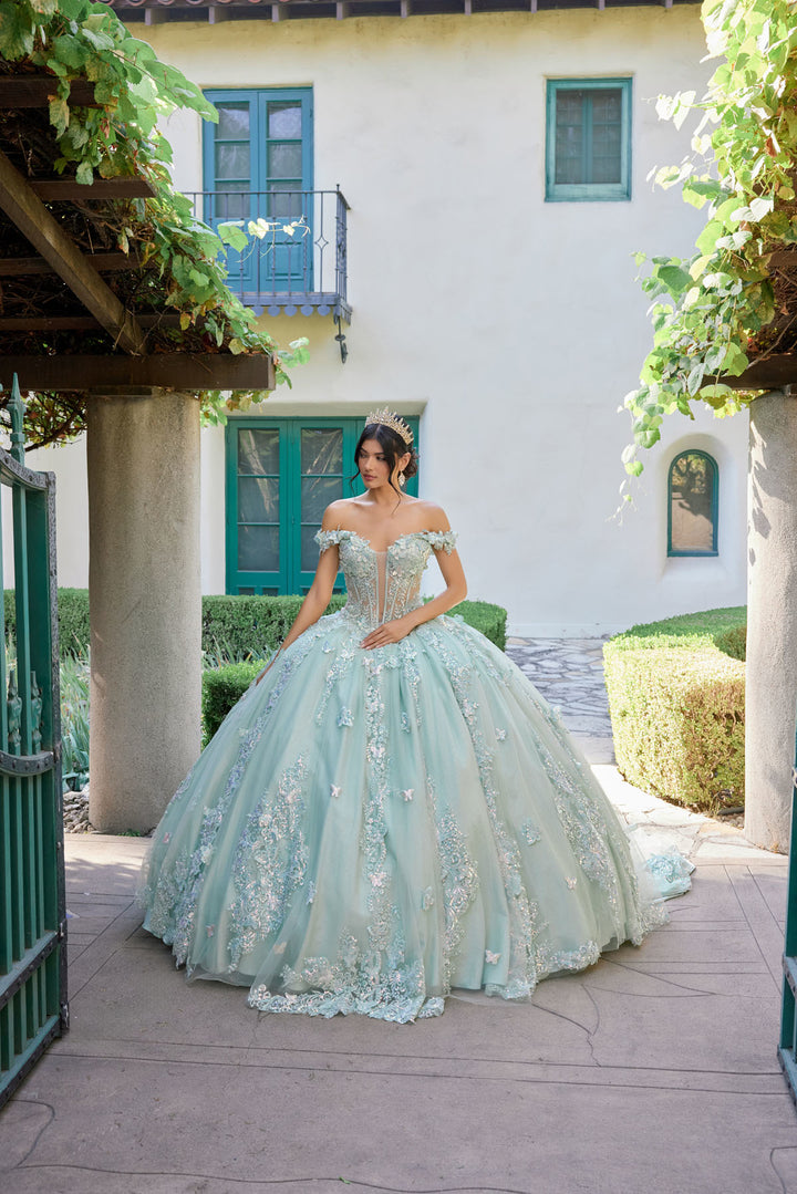 Juliet JT1485J off-shoulder ball gown quinceanera dress front view, option 3