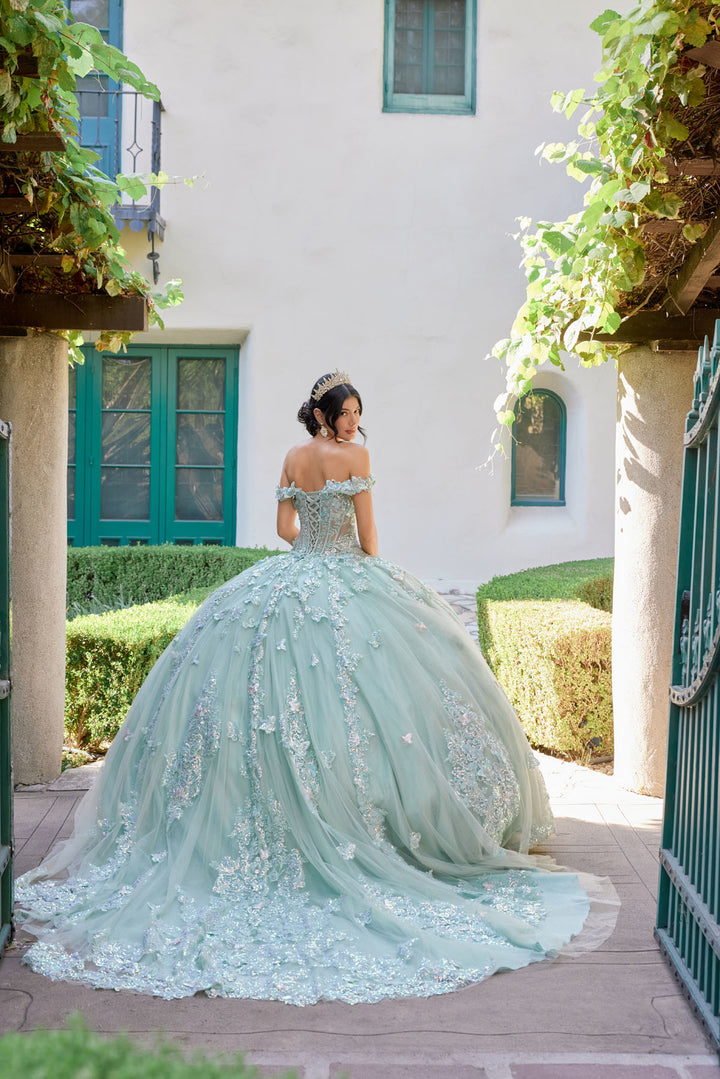 Juliet JT1485J off-shoulder ball gown quinceanera dress back three-quarter view