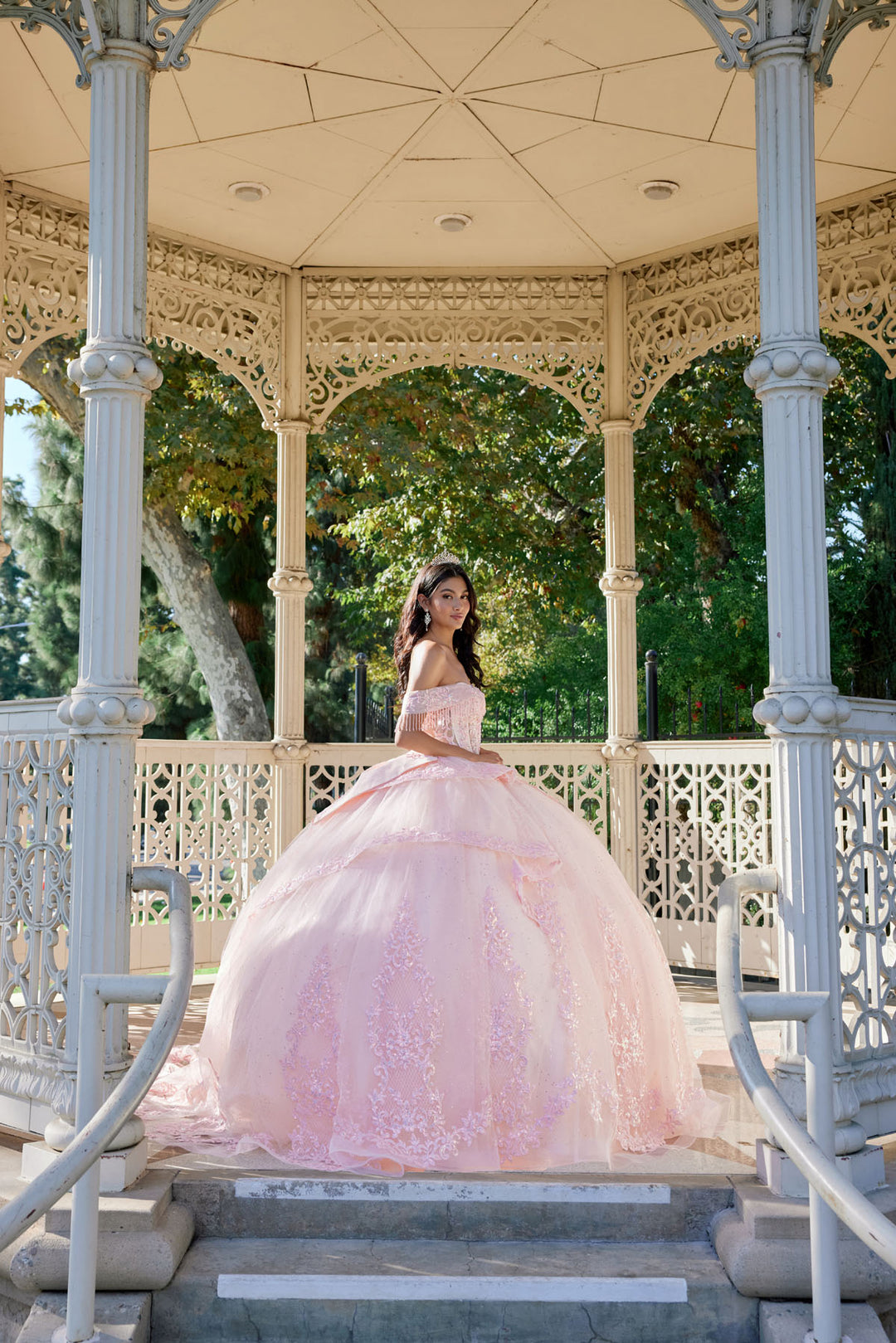 Juliet JT1503J quinceanera ball gown side view with full skirt