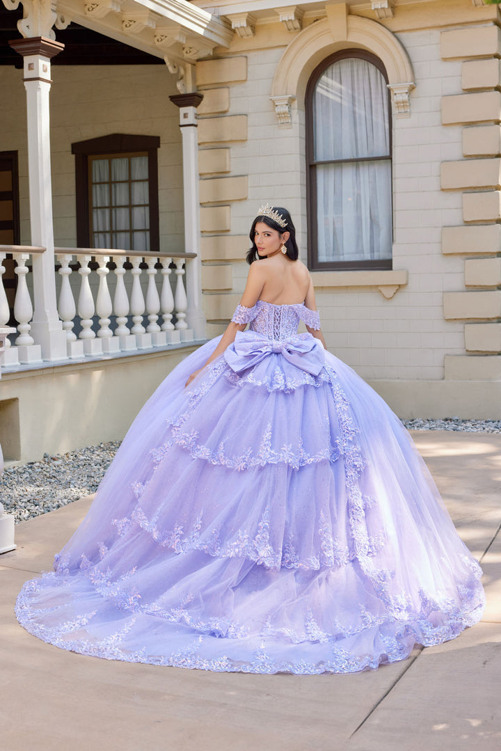 Juliet JT1507J layered floral appliqué quinceanera ball gown back view with bow and train