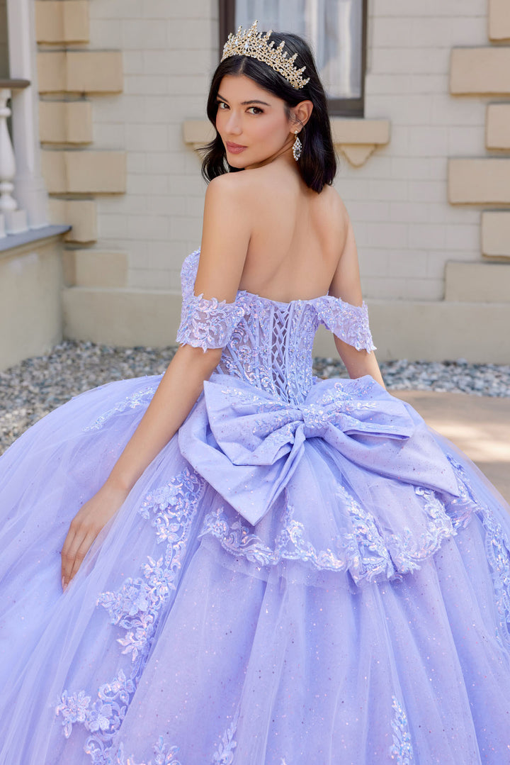 Juliet JT1507J layered floral appliqué quinceanera ball gown back view with bow and lace-up detail