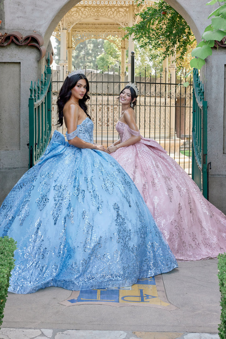 Juliet JT1510H off-shoulder quinceanera ball gown side view with train