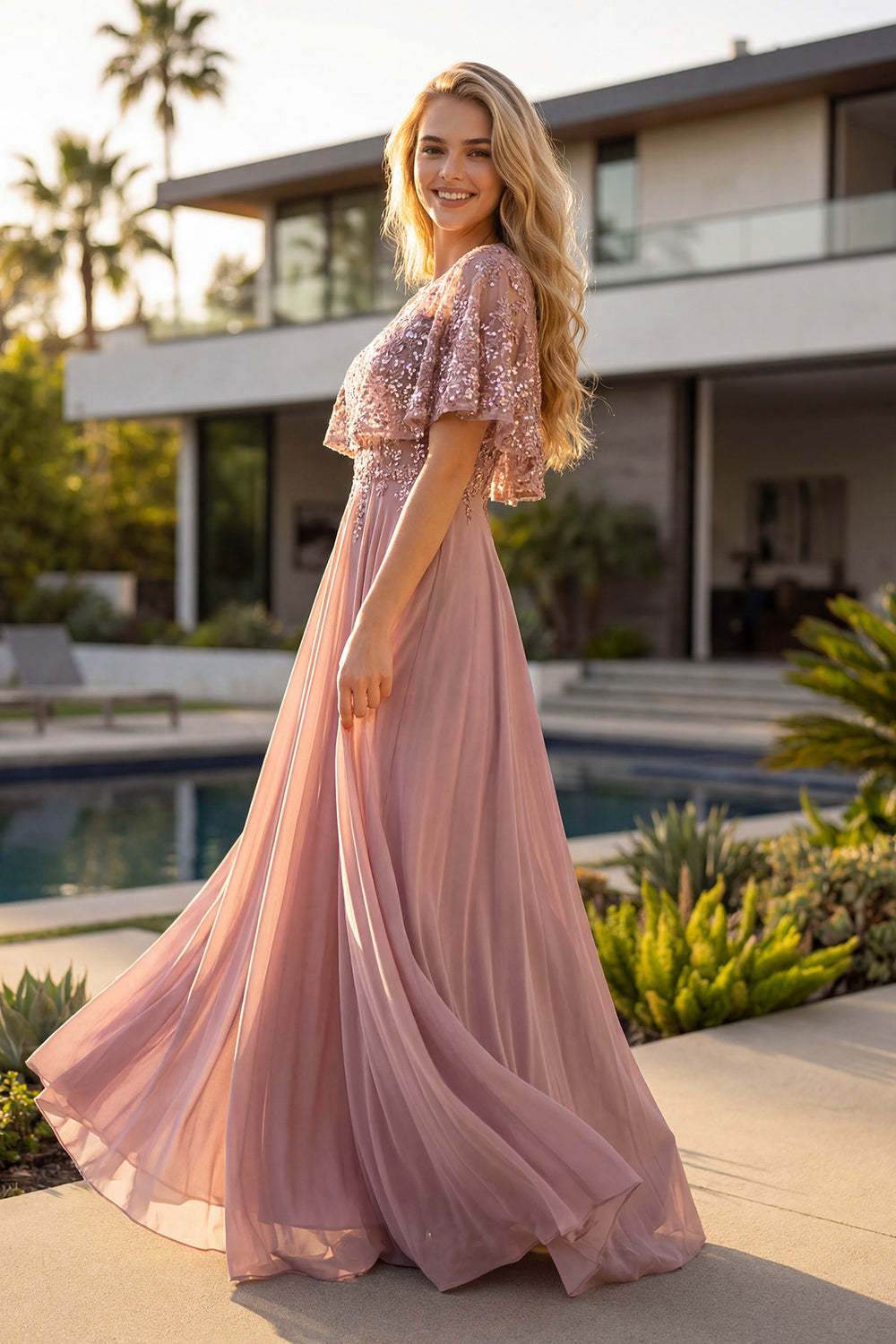 Juliet JTM21L beaded two-piece mother of the bride dress side view with beaded overlay
