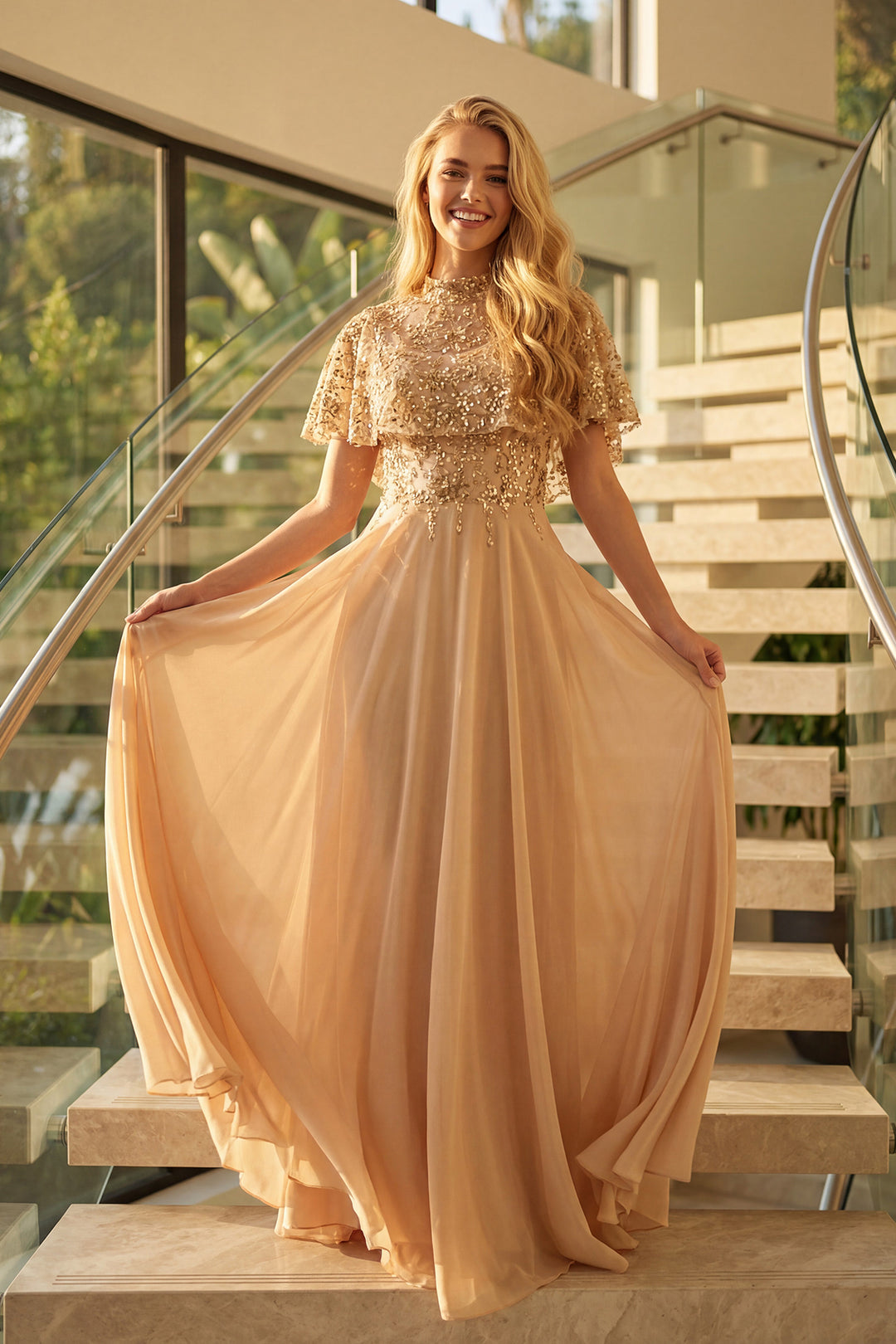 Juliet JTM21L beaded two-piece mother of the bride dress front view with beaded overlay, option 2
