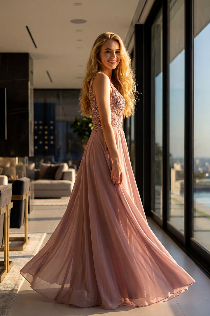 Juliet JTM21L beaded two-piece mother of the bride dress side view of sleeveless beaded bodice