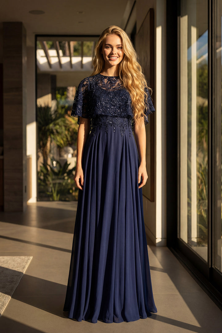 Juliet JTM21L beaded two-piece mother of the bride dress front view with beaded overlay, option 3
