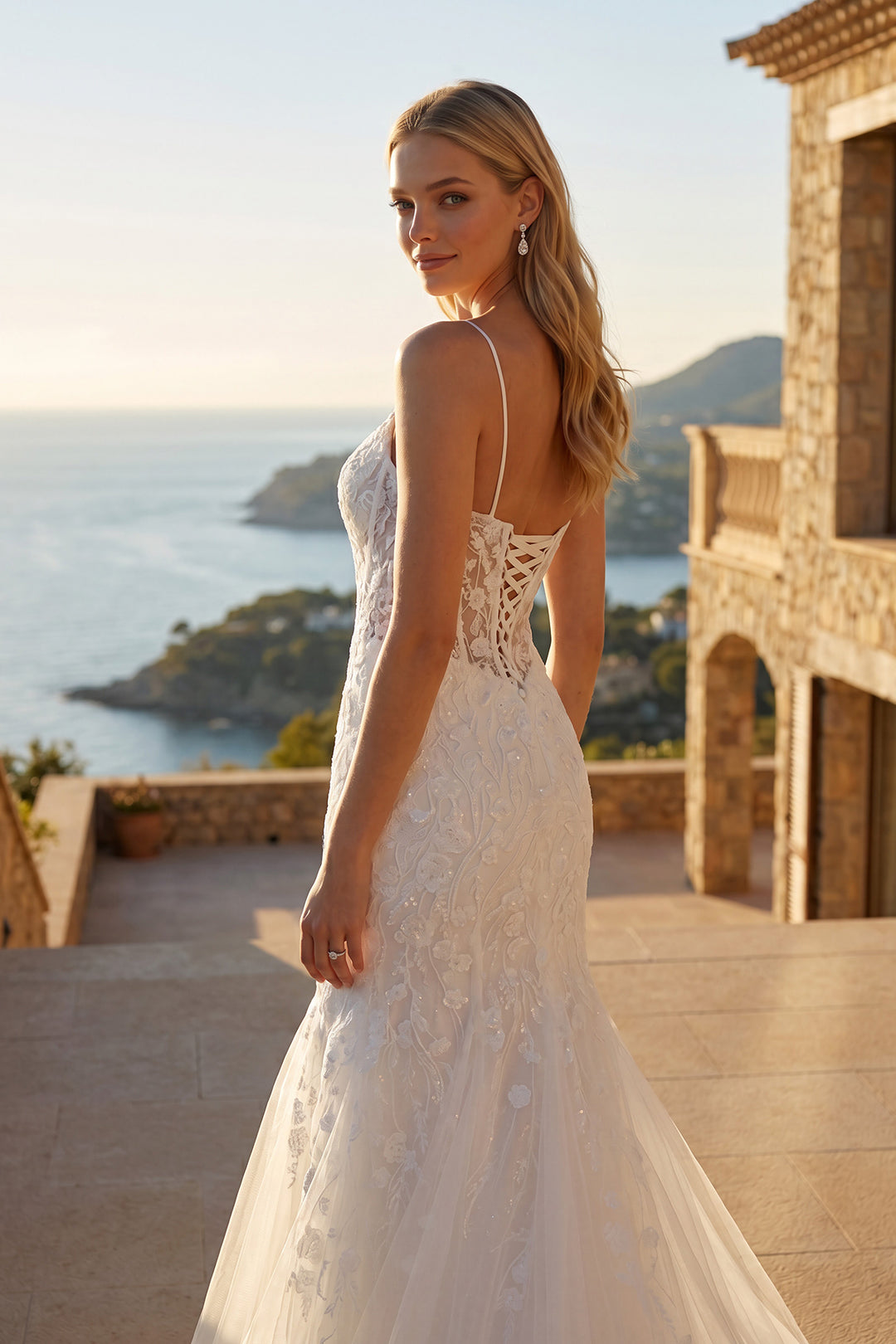 Juliet JT2441SW sheer corset mermaid bridal gown back three-quarter view with lace-up back