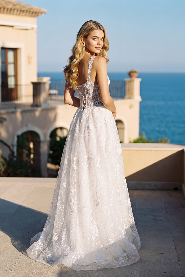 Juliet JT2495AW sleeveless sweetheart corset bodice A-line bridal gown back view