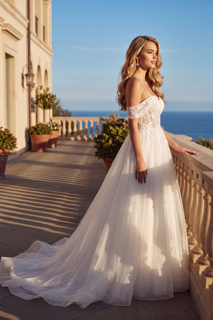 Juliet JT2606LW off-shoulder A-line bridal gown side view with train