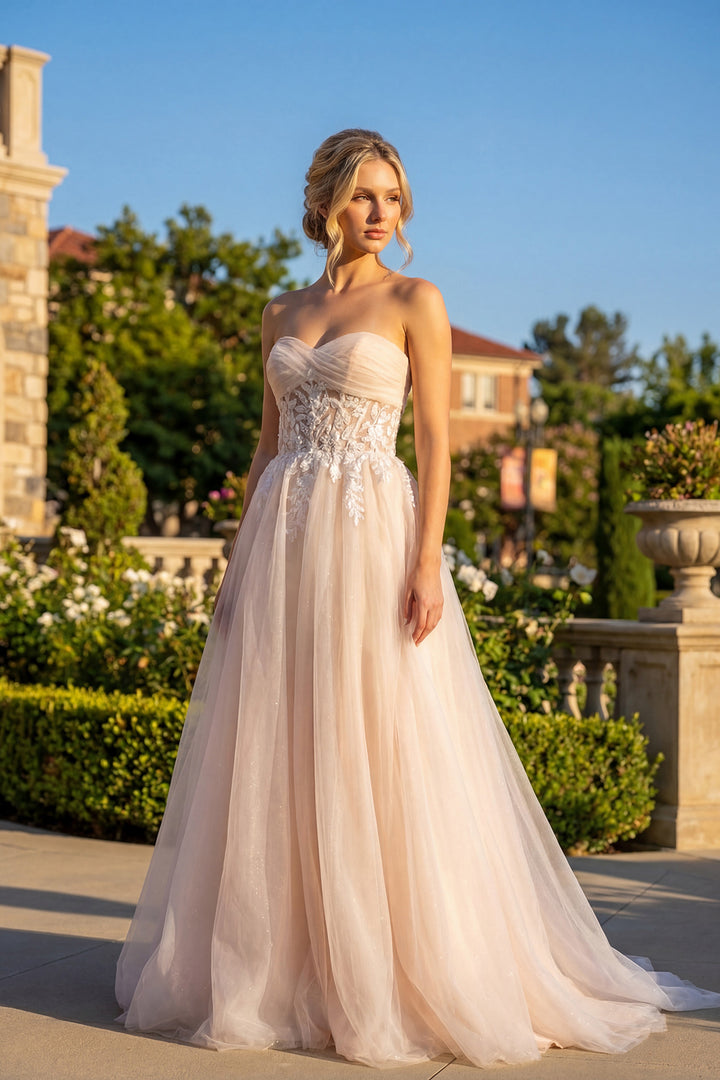 Juliet JT2702AW strapless sweetheart sheer embroidered waist bridal gown front view, option 2