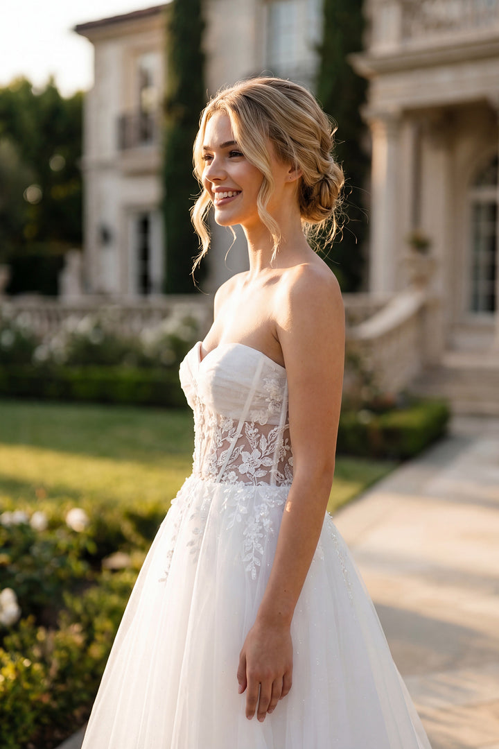 Juliet JT2702AW strapless sweetheart sheer embroidered waist bridal gown side view