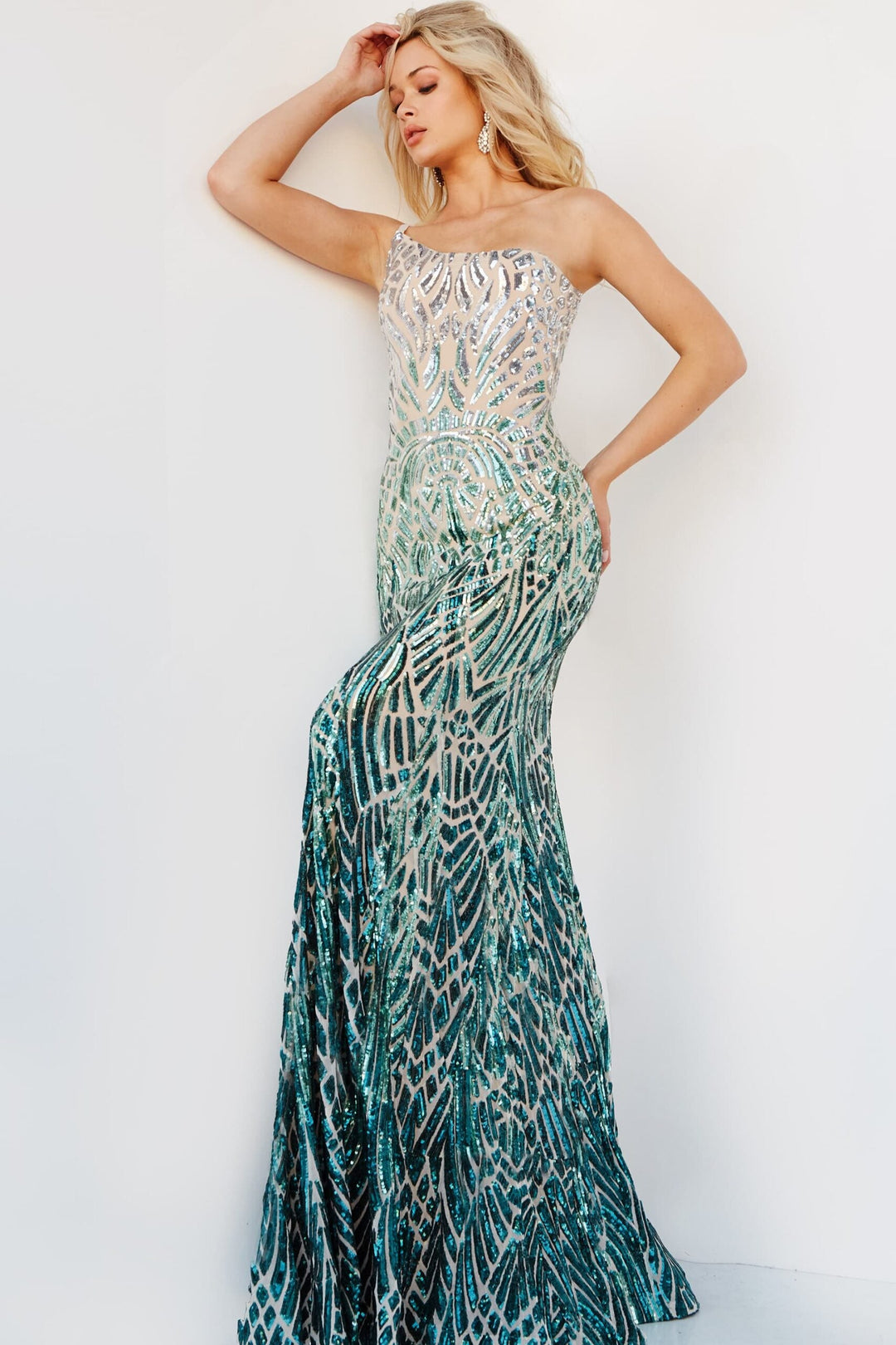 Jovani - 06469 Sequined Two Tone Trumpet Dress - FOSTANI.com