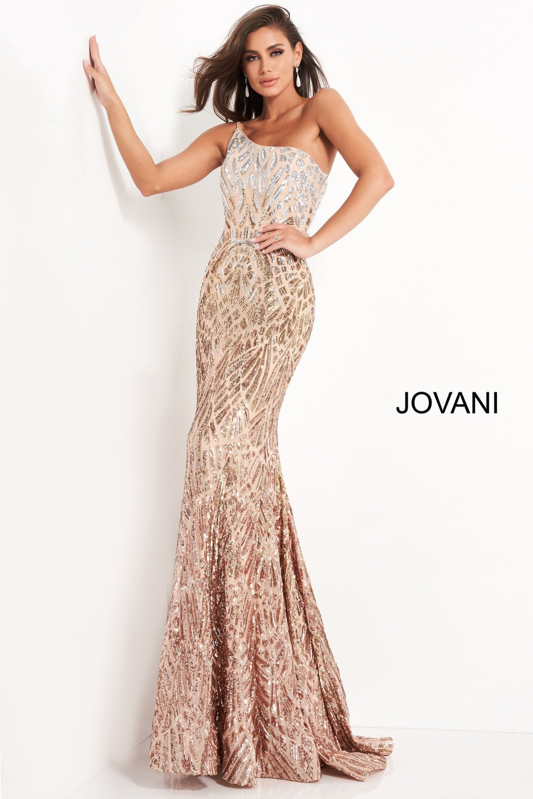 Jovani - 06469 Sequined Two Tone Trumpet Dress - FOSTANI.com