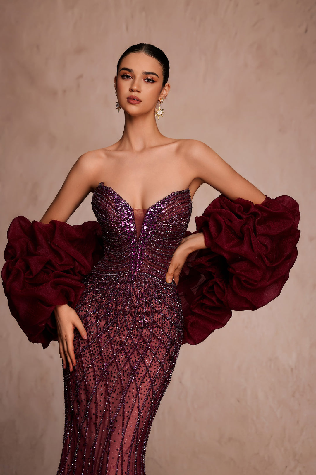 Delilah LD11466 Strapless Plunging Sweetheart Crystal Lattice Mermaid Gown with Ruffled Arm Puffs - Red front view