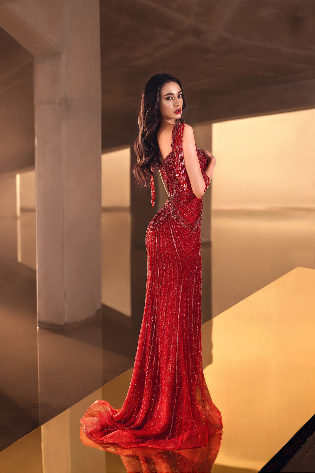 Delilah LD11684 Crystal Fringe Strap Plunging Linear Beaded Mermaid Gown - Red back view