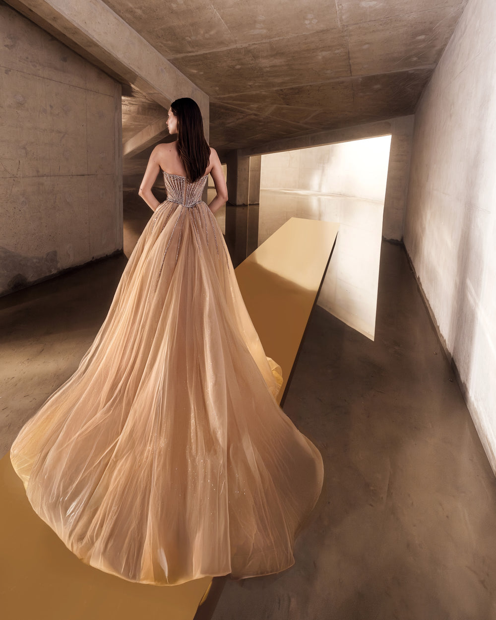 Delilah LD12027 Crystal Choker Halter Plunging Mermaid Gown with Tulle Overskirt - Champagne back view