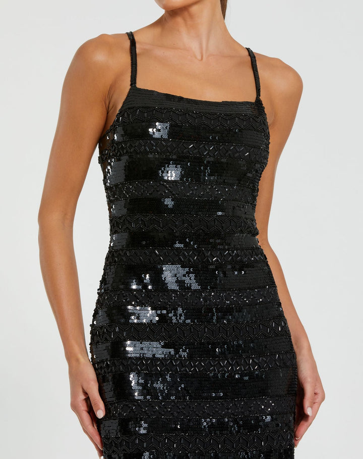 Mac Duggal 10094 Black Embellished Spaghetti Strap Midi Dress