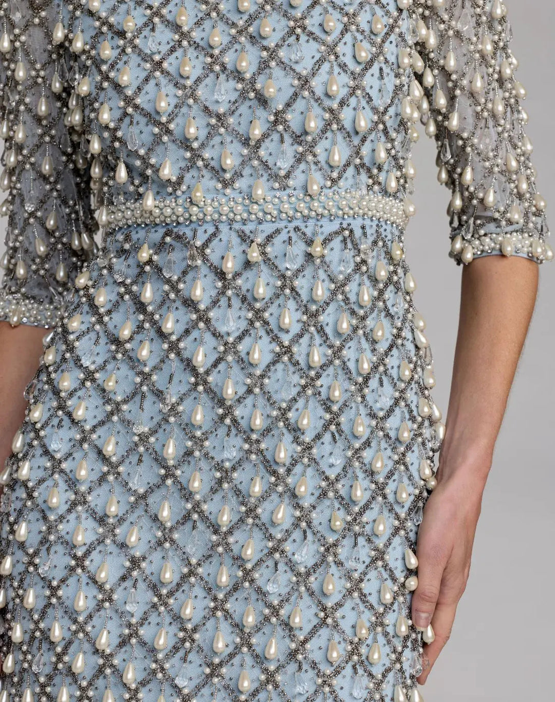 Mac Duggal 9910099P Beaded Pearl Lattice Sheath Gown