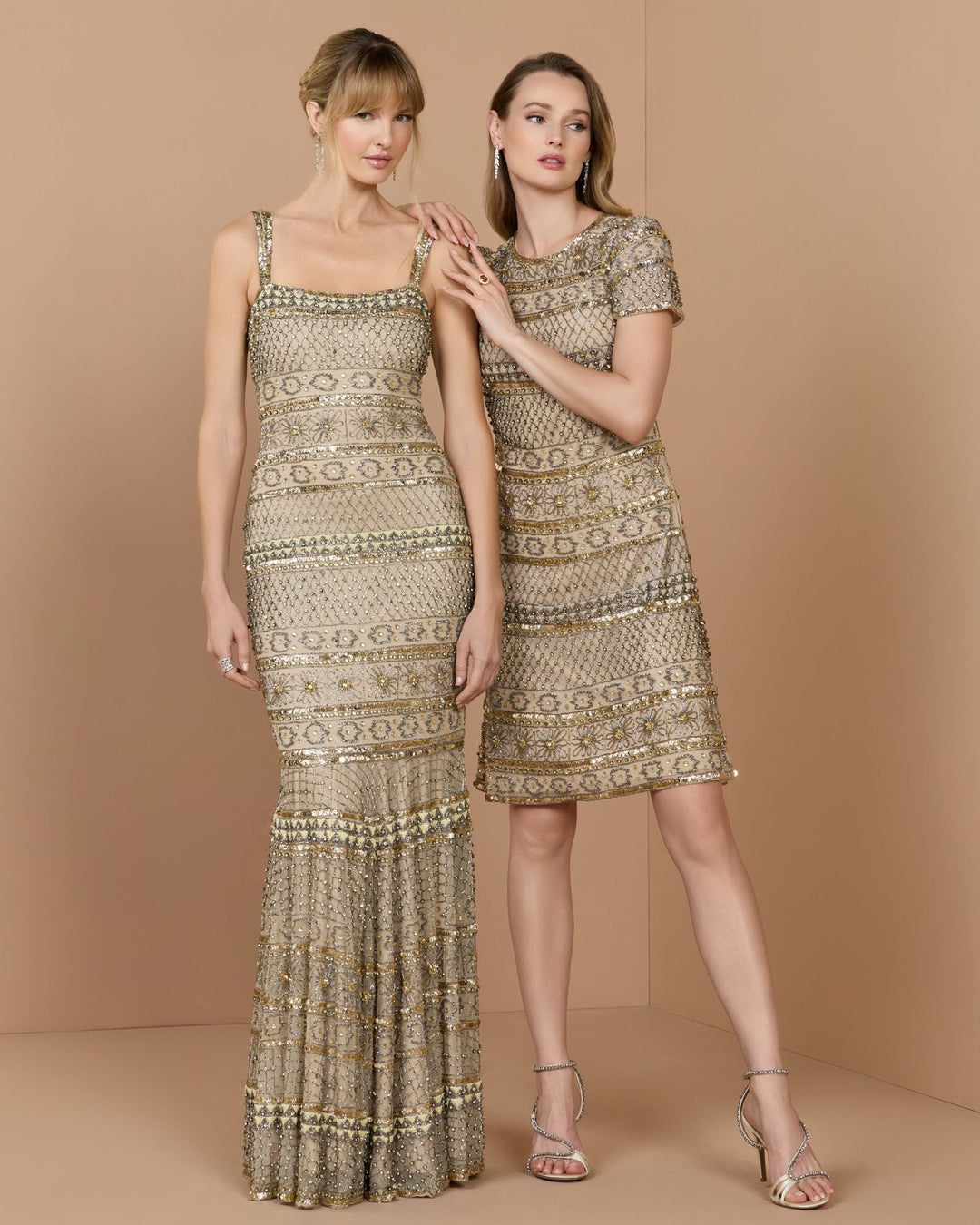 Mac Duggal 10113 Gold Short Sleeve Embellished Mini Dress