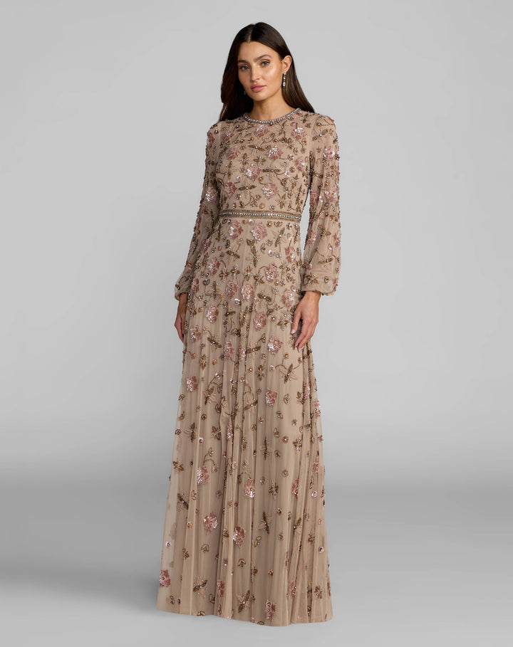 Mac Duggal 10146 Crystal Beaded Floral Bishop Sleeve Gown