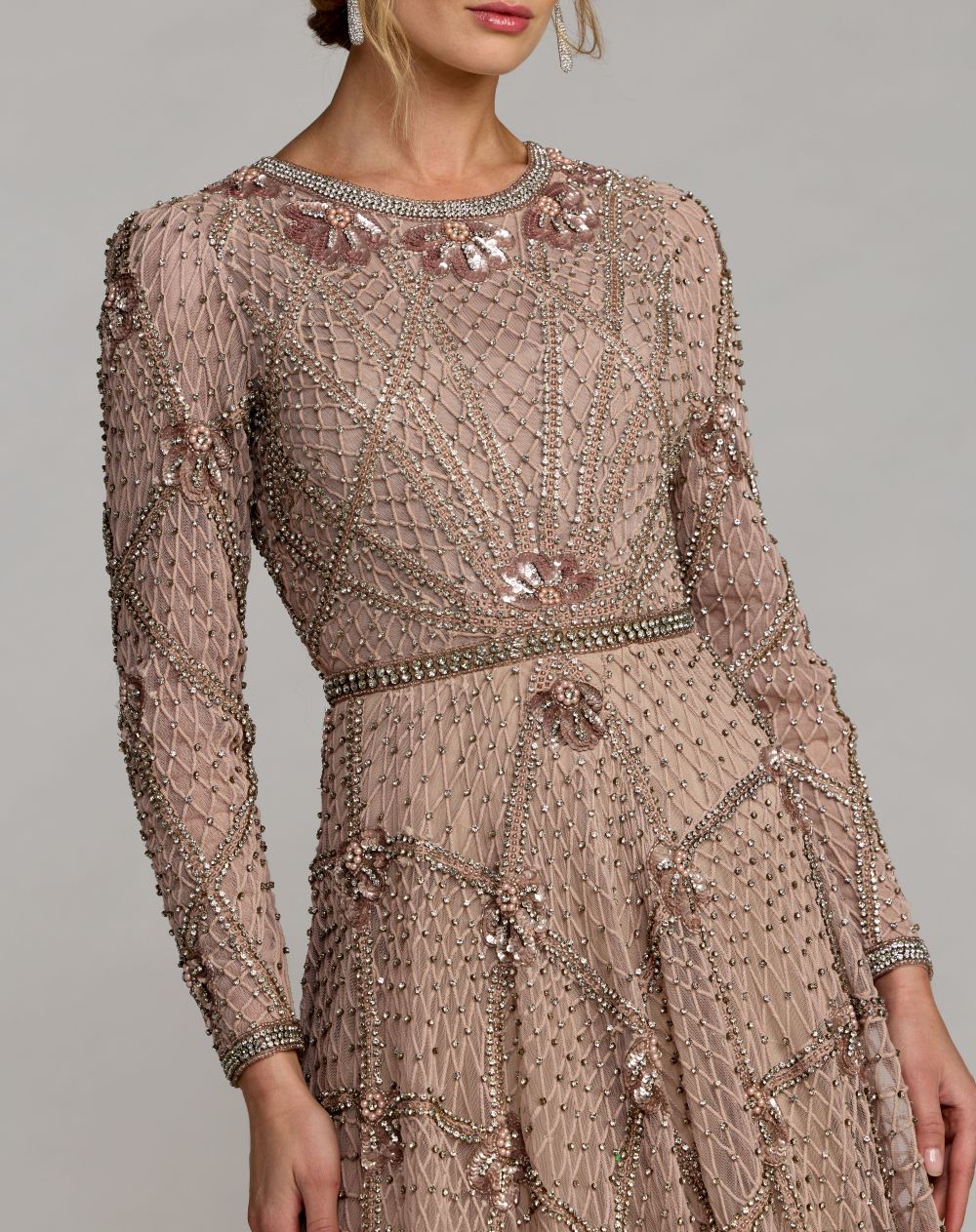 Mac Duggal 10173 Rhinestone Embellished Long Sleeve A-Line Gown