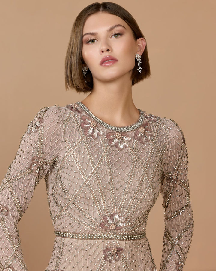 Mac Duggal 10173 Rhinestone Embellished Long Sleeve A-Line Gown