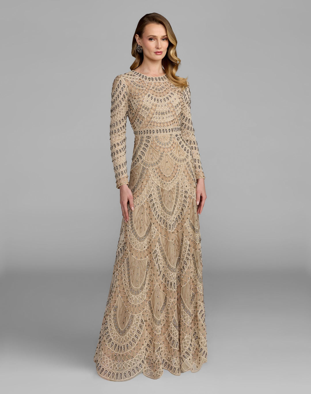 Mac Duggal 10175 Long Sleeve Hand Beaded A-Line Gown